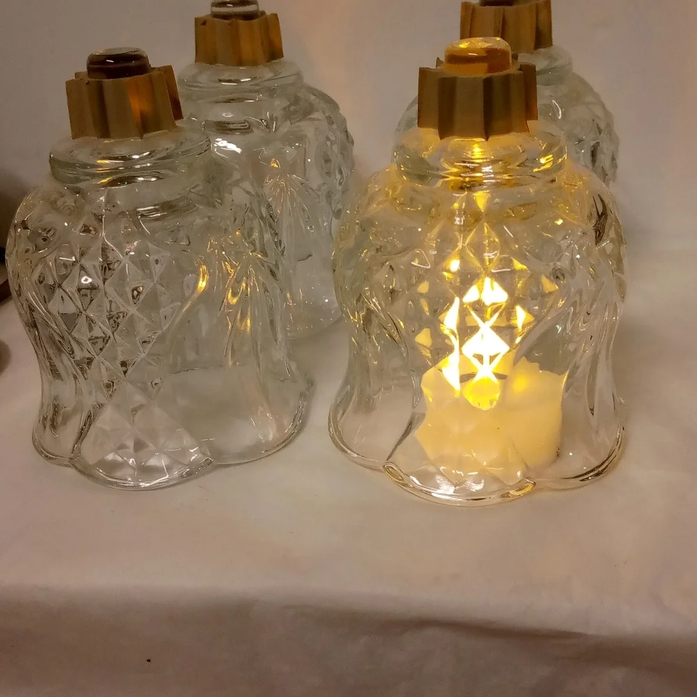2 Brass Tealight Wall Candelabra Sconces Holders W/4 Crystal Diamond Cut Glass